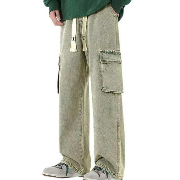 Lovskoo Capri Pants for Men Trendy Casual Solid Color Zipper Pockets Elastic Drawstring Casual Denim Pants Yellow