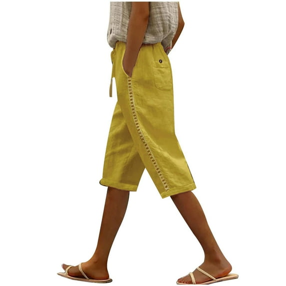 Lovskoo Capri Pants for Women Casual 2024 Summer Cotton Linen Drawstring Elastic High Waist Pants Side Cutout Lounge Capris Yellow 2XL