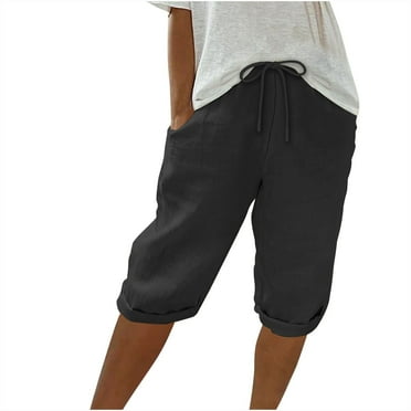 Lovskoo Capri Pants for Women Casual 2024 Summer Cotton Linen Solid Color Drawstring Elastic High Waist Pants Lounge Capris Black 2XL