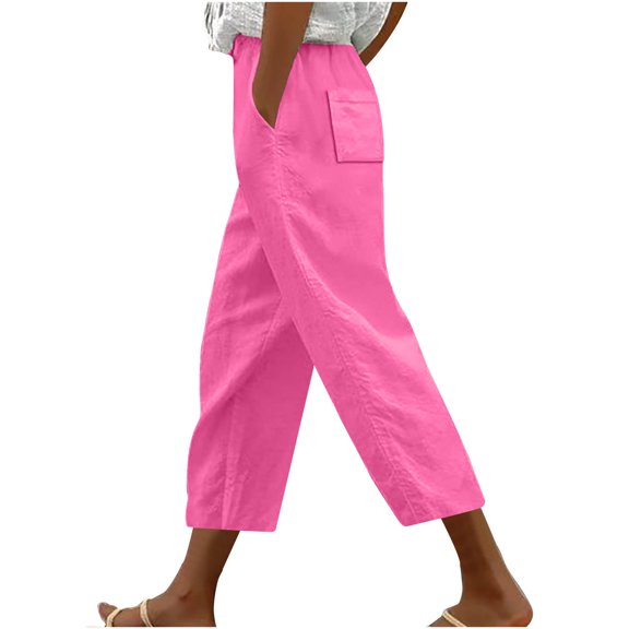 Lovskoo Capri Pants for Women Casual Loose Harem Pants Drawstring Solid Color Lace Up Pockets Trendy Cropped Lounge Pants Pink