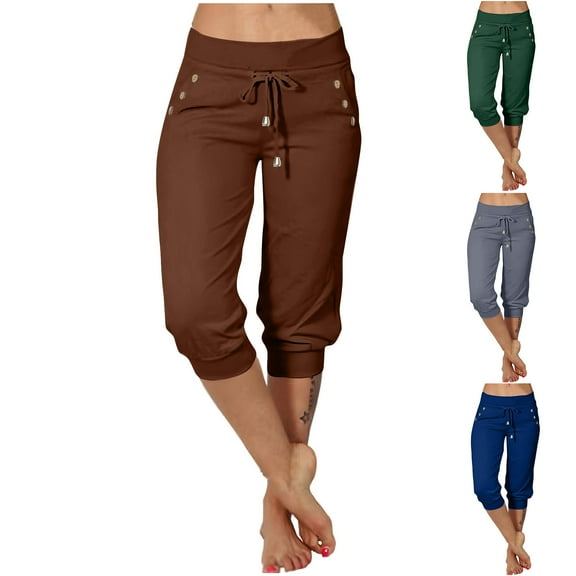 Lovskoo Capri Pants for Women Casual Tight High Waisted Drawstring Button Pocket Cropped Pants Dark Gray