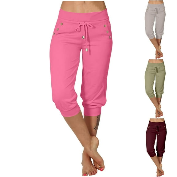Lovskoo Capri Pants for Women Casual Tight High Waisted Drawstring Button Pocket Cropped Pants Green