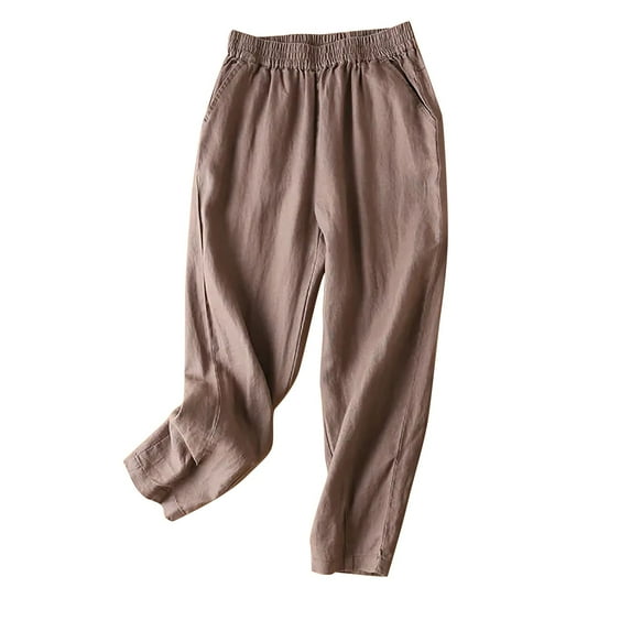 Lovskoo Capri Pants for Women Cotton and Linen Loose High Waisted Wide Leg Capris Solid Color Lounge Pants Coffee