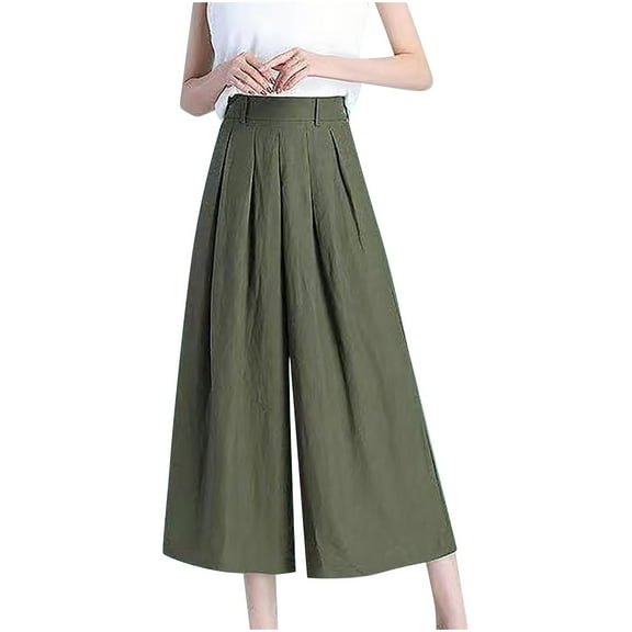 Lovskoo Capri Pants for Women Cotton and Linen Loose High Waisted Wide Leg Capris Solid Color Lounge Pants Green