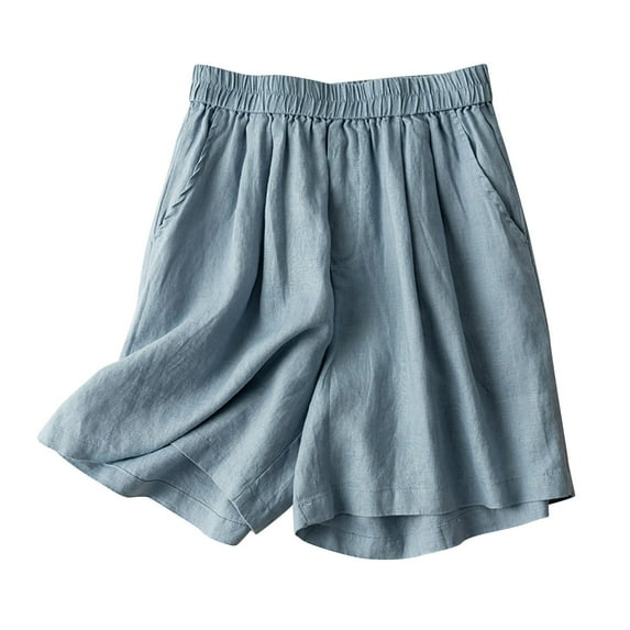 Lovskoo Capri Pants for Women Cotton and Linen Loose High Waisted Wide Leg Solid Color Lounge Knee Length Bermuda Shorts Blue