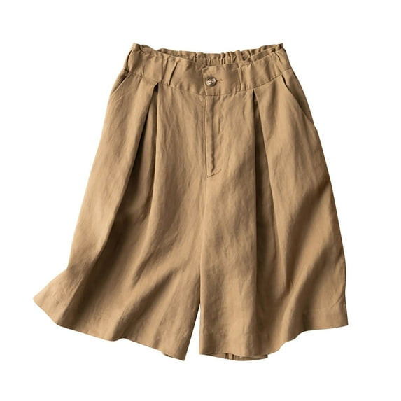 Lovskoo Capri Pants for Women Cotton and Linen Loose High Waisted Wide Leg Solid Color Lounge Knee Length Bermuda Shorts Khaki