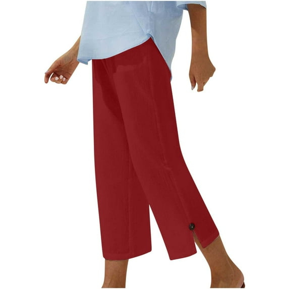 Lovskoo Capri Pants for Women Cotton and Linen Spring Solid Color Elastic Waist Straight Leg Casual Wide Leg Lounge Pants Burgundy