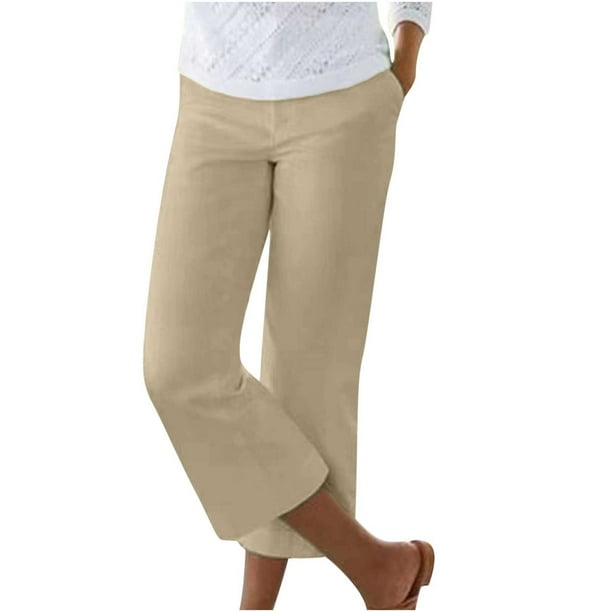 Lovskoo Capri Pants for Women Cotton and Linen Spring Solid Color Elastic Waist Straight Leg Casual Wide Leg Lounge Pants Khaki
