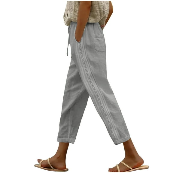 Lovskoo Capri Pants for Women Cotton and Linen Summer Pants Casual Solid Color Elastic Waist Linen Pockets Lounge Pants Gray