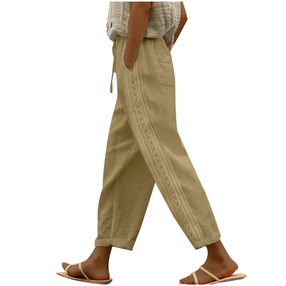 Lovskoo Capri Pants for Women Cotton and Linen Summer Pants Casual Solid Color Elastic Waist Linen Pockets Lounge Pants Khaki
