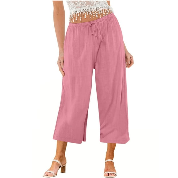 Lovskoo Capri Pants for Women Cotton and Linen Trendy Casual Solid Color Elastic Loose Lounge Pants Straight Wide Leg Trousers with Pocket Pink