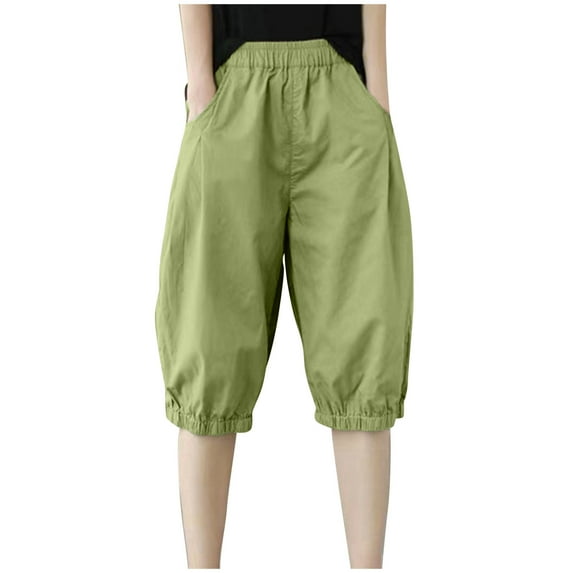 Lovskoo Capri Pants for Women Cotton and Linen Trendy Solid Color Loose Casual Wide Leg Cropped Lounge Pants Green