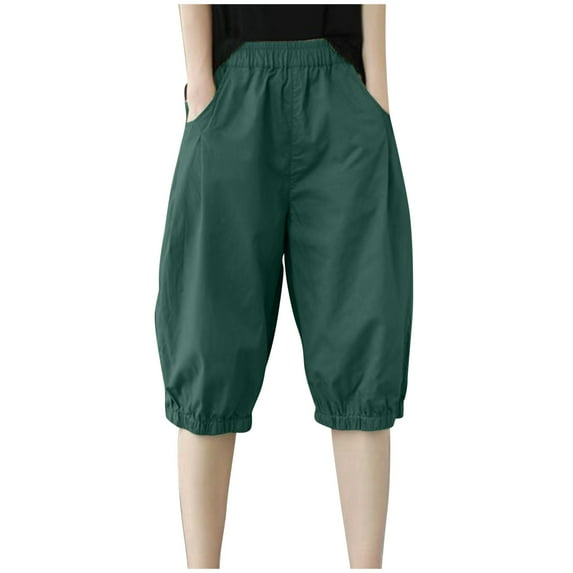 Lovskoo Capri Pants for Women Cotton and Linen Trendy Solid Color Loose Casual Wide Leg Cropped Lounge Pants Olive Green