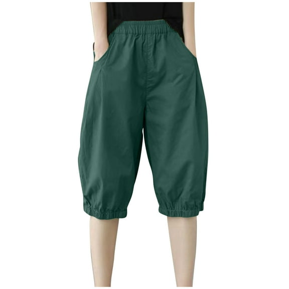 Lovskoo Capri Pants for Women Cotton and Linen Trendy Solid Color Loose Casual Wide Leg Cropped Lounge Pants Olive Green