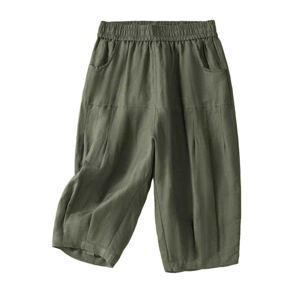 Lovskoo Capri Pants for Women Cotton and Linen Trendy Solid Color Retro Loose Pocket Casual Knee Length Shorts Olive Green