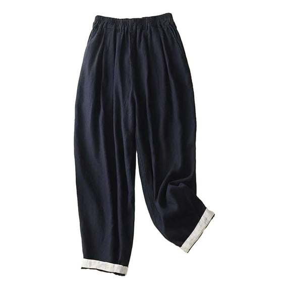 Lovskoo Capri Pants for Women Cotton and Linen Trendy Solid Color Retro Loose Pocket Casual Trousers Cropped Lounge Pants Dark Blue