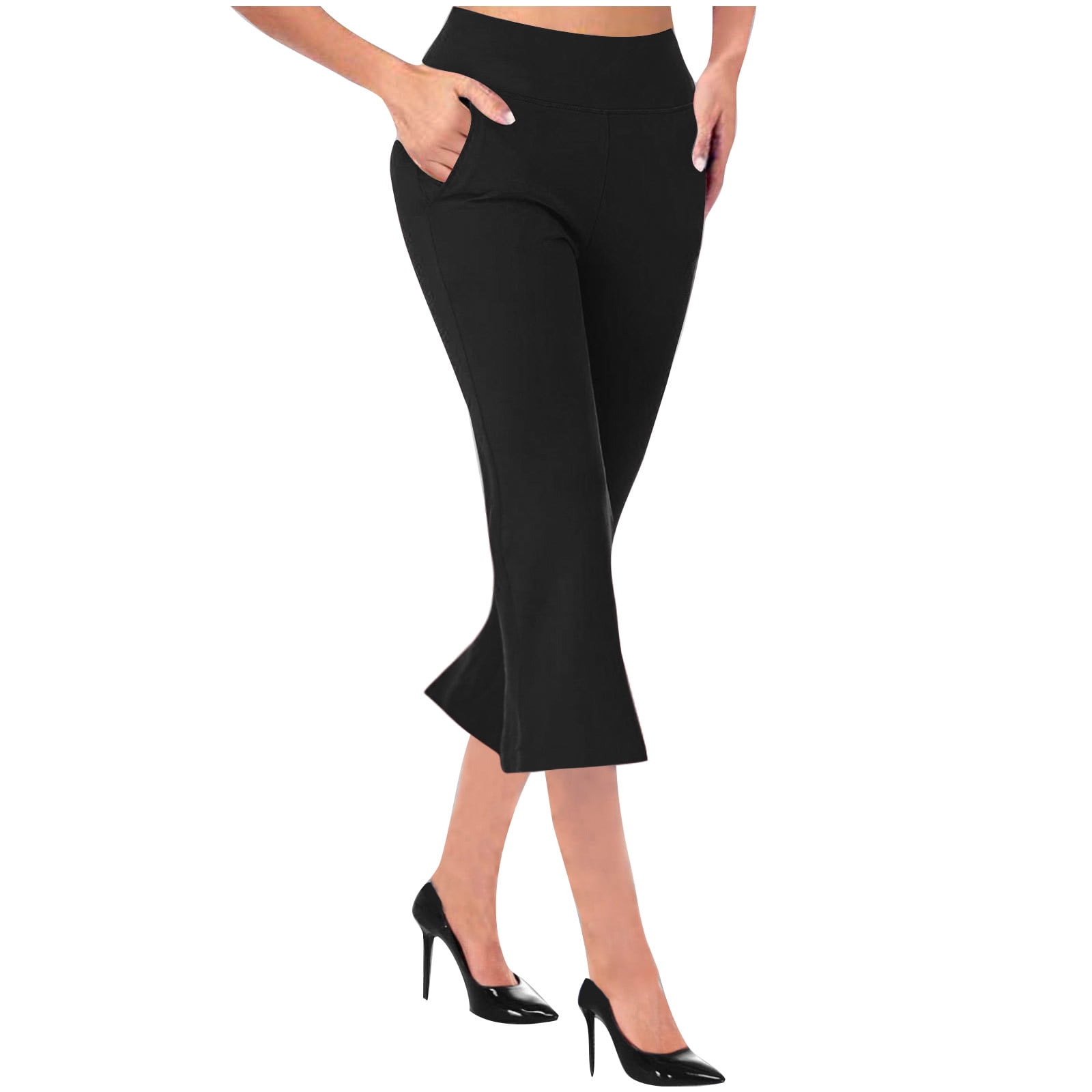 Lovskoo Capri Pants for Women Flare Casual Summer Dressy Pull On Stretch High Waisted Crop Work Leggings with Pockets Black M