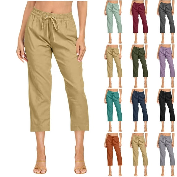 Lovskoo Capri Pants for Women Linen Summer Solid Color Casual Loose Pockest Elastic Waist Trousers Capris Light Blue