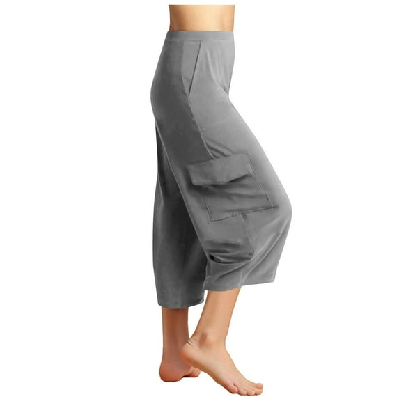 Lovskoo Capri Pants for Women Solid Color Casual Loose Type Elastic Waist Wide Leg Pants with Big Pockets Cropped Lounge Pants Gray