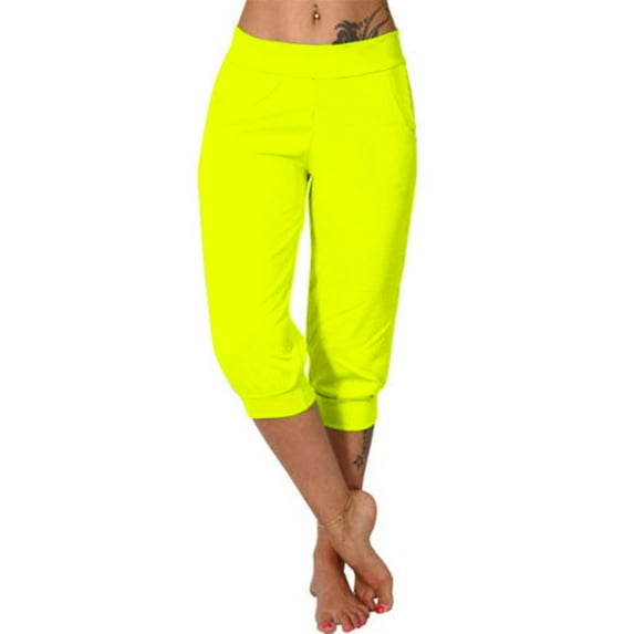 Lovskoo Capri Pants for Women Solid Color Loose Soft Workout Yoga Lounge Pants Outdoor Sports Casual Cropped Pants with Pockets Yellow