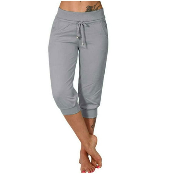 Lovskoo Capri Pants for Women Solid Color Yoga Pants Loose Soft Drawstring Workout Sweatpants Outdoor Athletic Causal Lounge Pants with Pockets Gray