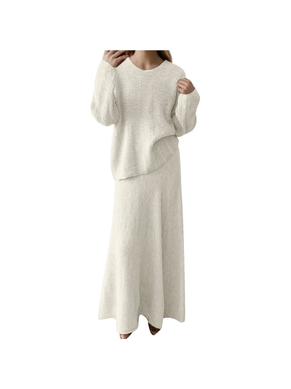 Womens Ribbed Knit Sweater Outfits Casual Loose 2 Piece Round Neck Pullover Elastic Waist Maxi Skirt Sets White