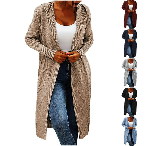 Lovskoo Cardigan Sweaters for Women Open Front Long Sleeve Knitwear Loose Mid-Length Irregular Lapel Cable Knit Hooded Oversized Winter Outerwear Tops Black
