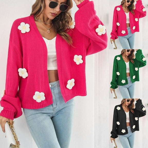 Lovskoo Cardigan Sweaters for Women Open Front Long Sleeve Spring Heavy Three-Dimensional Embroidery Flower Lantern Sleeve Loose Knit Coat Oversized Winter Outerwear Tops Green