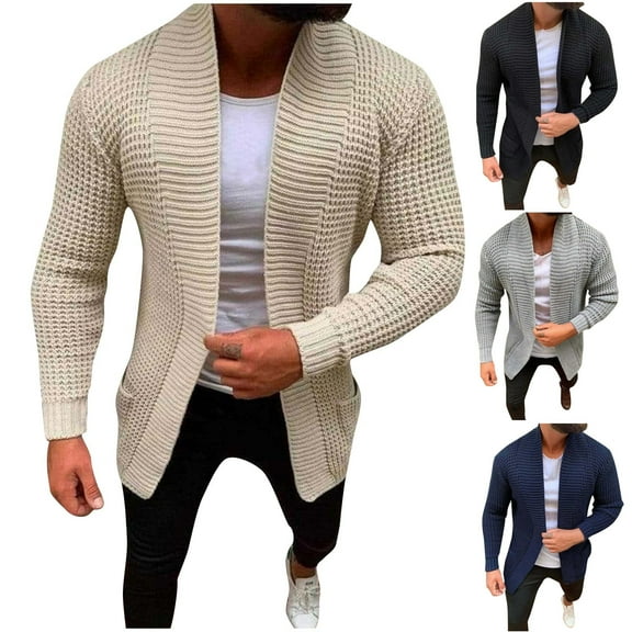 Lovskoo Cardigan Sweaters for Men Long Sleeve Winter Slim Solid Color Sweater Cardigan Single Button Casual Sweater Coat Beige