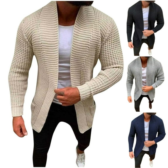 Lovskoo Cardigan Sweaters for Men Long Sleeve Winter Slim Solid Color Sweater Cardigan Single Button Casual Sweater Coat Black