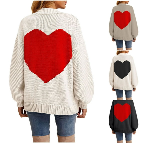 Lovskoo Cardigan Sweaters for Women Casual Love Pattern Long Sleeve Solid Patchwork Coat Cardigan Blouse Gray