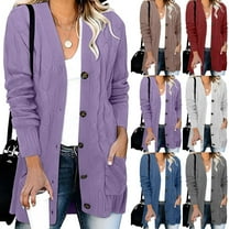 Lovskoo Cardigan Sweaters for Women Casual Solid Outfits Chunky Knit Open Front Sweaters Long Sleeve Button Cardigan Outerwear Coats with Pocket Blue