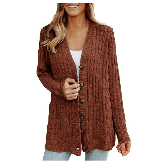 Lovskoo Cardigan Sweaters for Women Fashion Winter Solid Color Casual Long Sleeved Knitted Sweater Jacket Front Botton Cardigan Top Coffee S