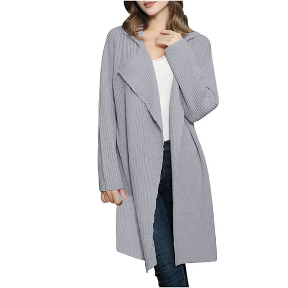 Lovskoo Cardigan Sweaters for Women Knit Long Sleeve Open Front Coat Solid Color Notch Lapel Oversized Winter Outerwear Tops Gray