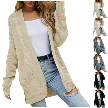 Lovskoo Cardigan Sweaters for Women Long Sleeve Dough Twists Solid Color Casual Loose Medium Length Sweater Gray