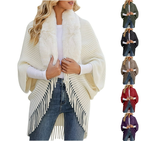 Lovskoo Cardigan Sweaters for Women Long Sleeve Knitted Cape Coat Fringe Shawl Jacket Black