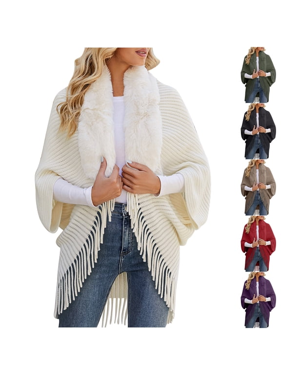 Cardigan Sweaters for Women Long Sleeve Knitted Cape Coat Fringe Shawl Jacket Black