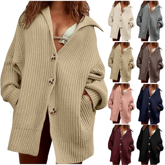 Lovskoo Cardigan Sweaters for Women Long Sleeve Winter Solid Casual Hollow Dough Twists Solid Button Knitting Cardigan Coat Black