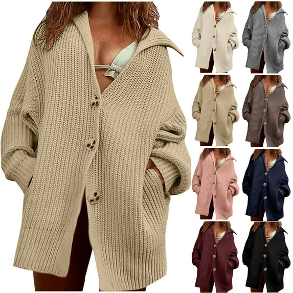Lovskoo Cardigan Sweaters for Women Long Sleeve Winter Solid Casual Hollow Dough Twists Solid Button Knitting Cardigan Coat Gray