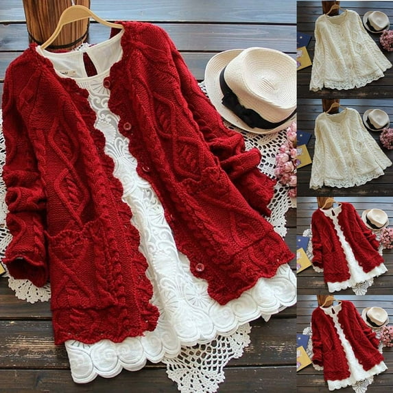 Lovskoo Cardigan Sweaters for Women Long Sleeve Winter Solid Casual Hollow Dough Twists Solid Button Knitting Cardigan Coat White