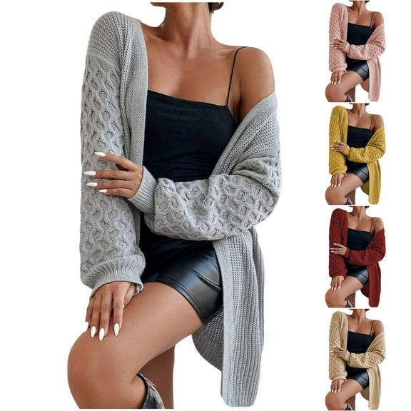 Lovskoo Cardigan Sweaters for Women Open Front Solid Color Knit Medium Length Long Sleeve Oversized Winter Outerwear Tops Pink