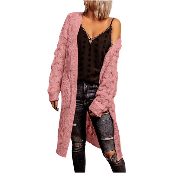 Lovskoo Cardigan Sweaters for Women Open Front Spring Long Sleeved Solid Color Knit Pocket Jacket Oversized Winter Outerwear Tops Pink
