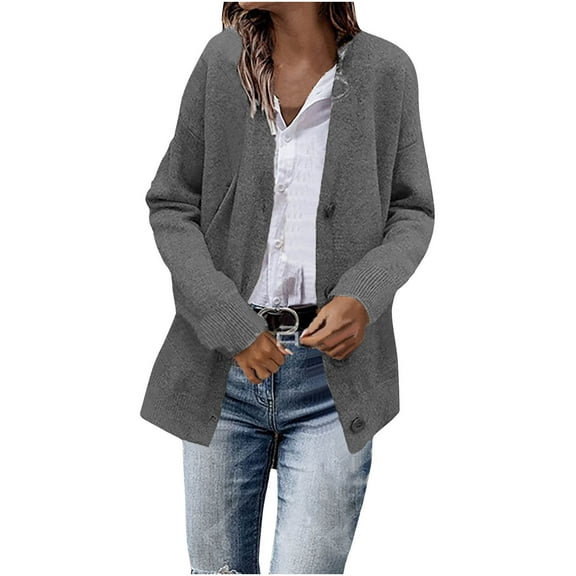 Lovskoo Cardigan Sweaters for Women Open Front Trendy Solid Color Long Sleeve Shirts Oversized Winter Outerwear Tops Gray