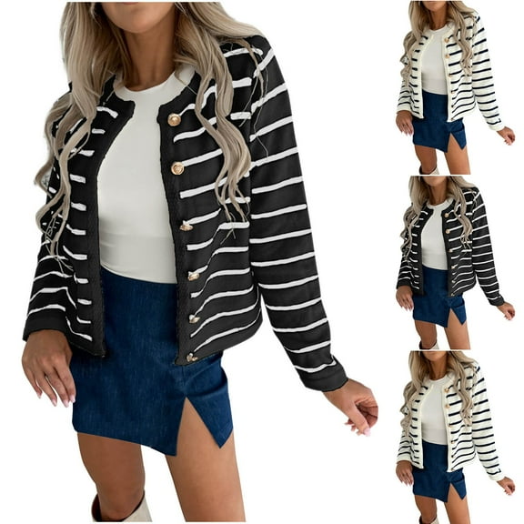 Lovskoo Cardigan Sweaters for Women Winter Casual Striped Knitted Cardigan Long Sleeve Button Jacket Top White