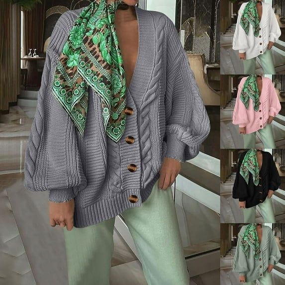 Lovskoo Cardigan Sweaters for Women Winter Solid Color Button Casual Long Sleeve Long Sweater Coat Cardigan Blouse Tops Black