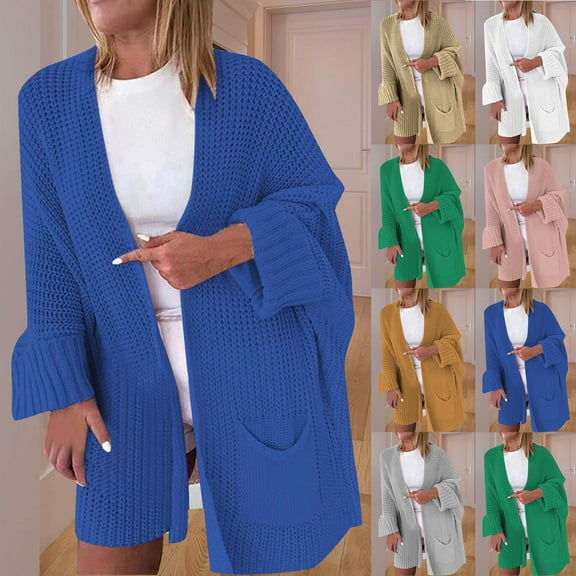 Lovskoo Cardigan Sweaters for Women Winter Solid Color Casual Long Sleeve Long Sweater Coat Cardigan Blouse Tops Blue