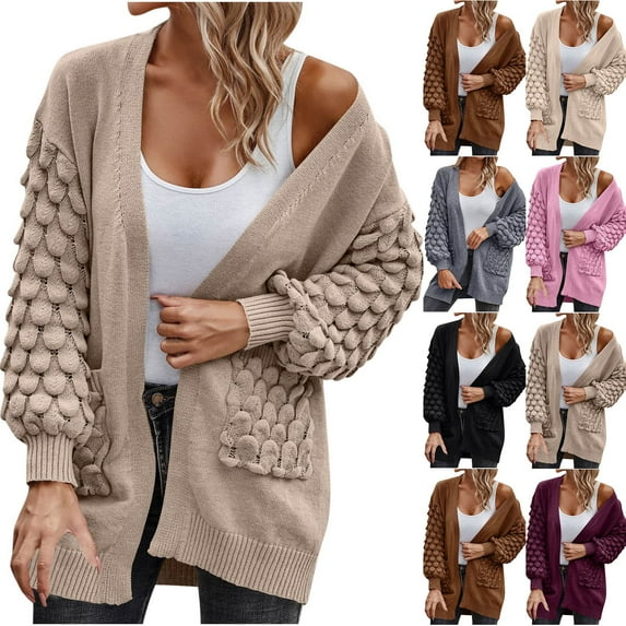 Lovskoo Cardigan Sweaters for Women Winter Solid Color Pockets Casual Long Sleeve Long Sweater Coat Cardigan Blouse Tops Black