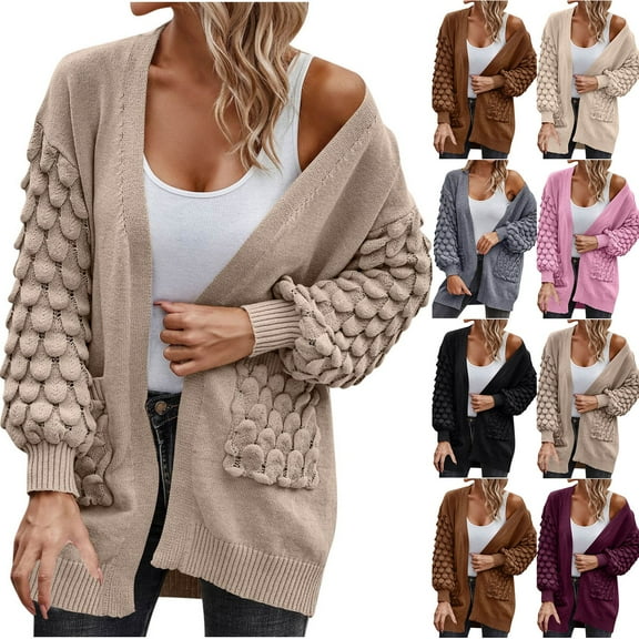Lovskoo Cardigan Sweaters for Women Winter Solid Color Pockets Casual Long Sleeve Long Sweater Coat Cardigan Blouse Tops Brown