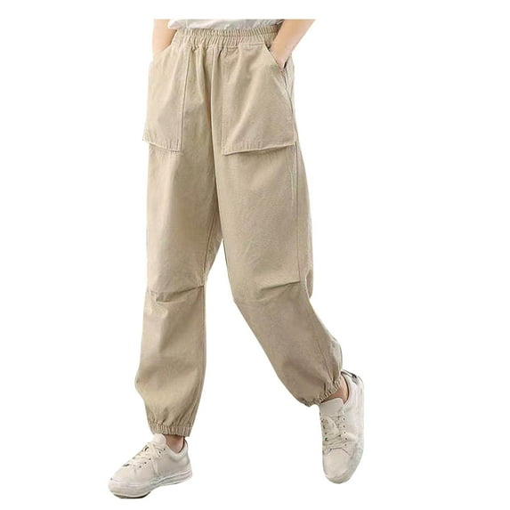 Lovskoo Cargo Pants Women Cotton and Linen Summer Solid Color Elastic High Waist Thin Casual Closed Bottom Joggers Sweatpants with Pocket Beige