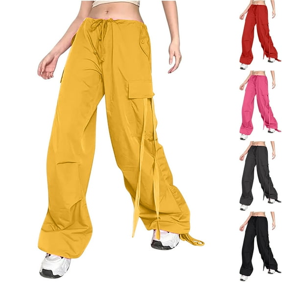 Lovskoo Cargo Pants for Women Drawstring Elastic Waist Baggy Pants Y2K Bottoms with Pockets Wide Leg Pants B-Pink